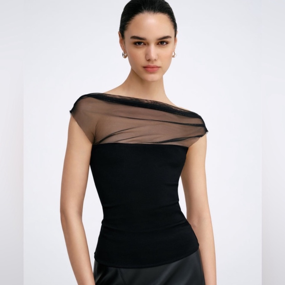 Marcella NYC Cabrini Top European Ponte & Mesh Drape Top Medium - Picture 2 of 16